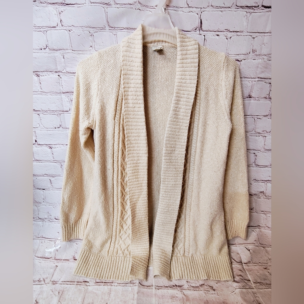 L.L. Bean Fisherman Cable Open Knit Cream Cardigan Medium Shawl Neck Sweater